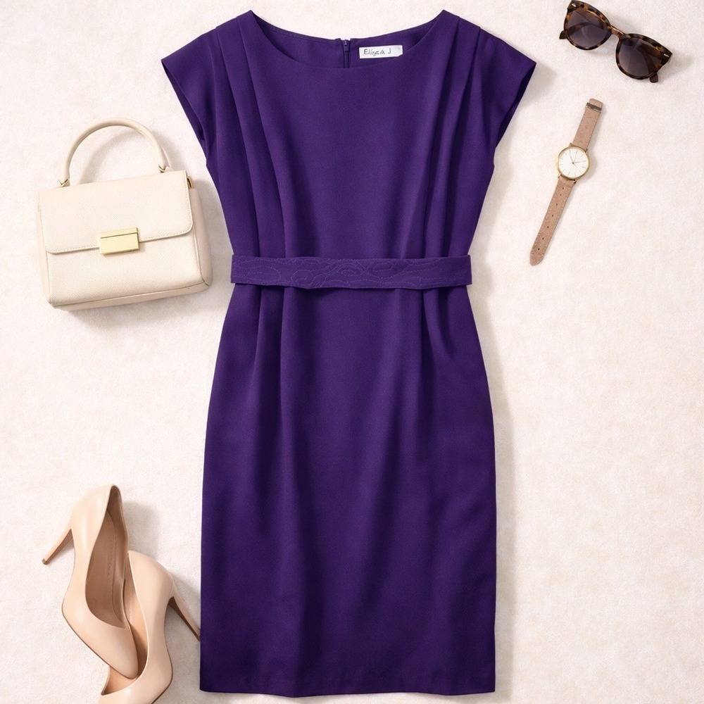 Eliza J Purple Sheath‎ Dress Belted Cap Sleeve Work Office Career Size 8